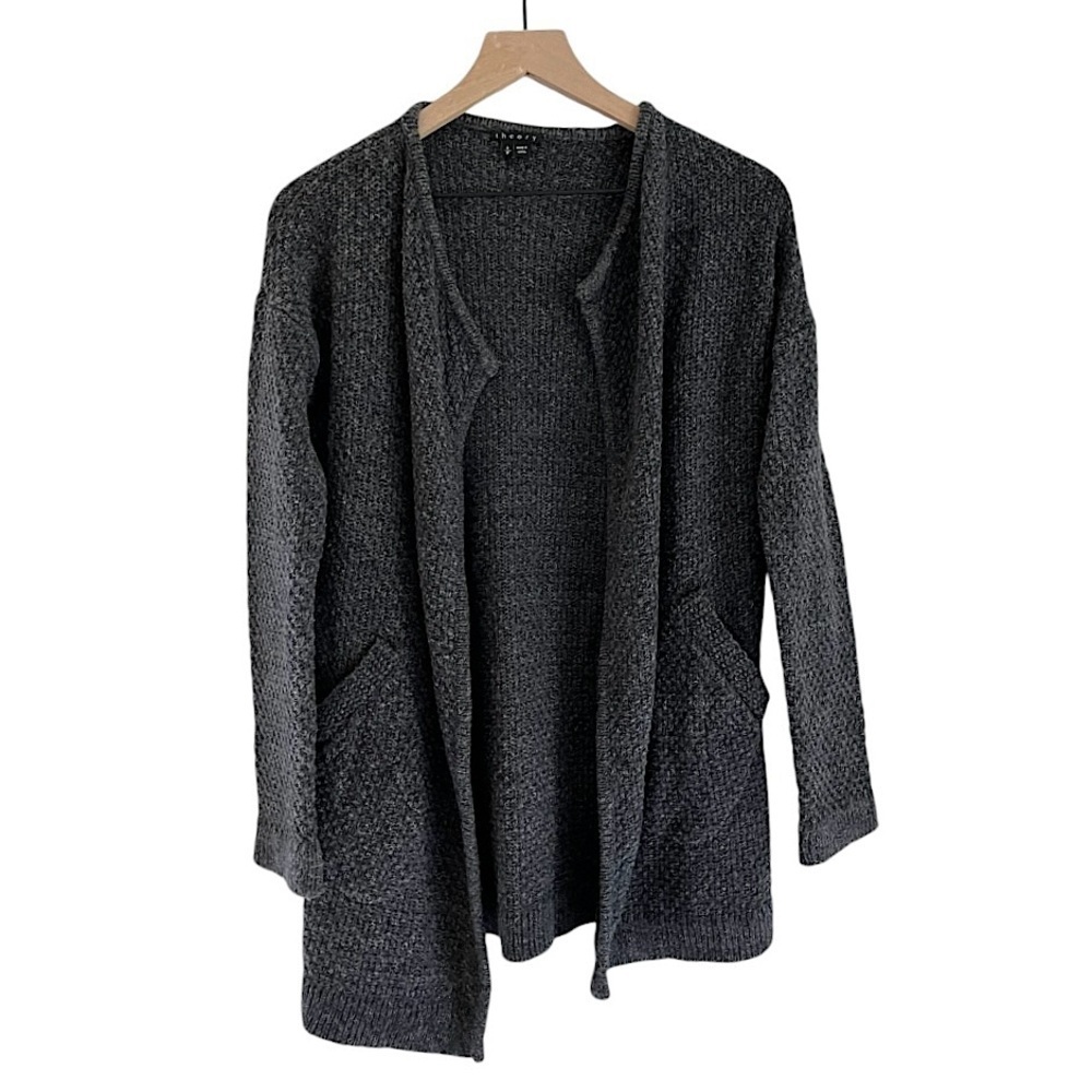 Theory Wool Women’s Open Front Pocket Sweater Cardigan in Dark Grey Size Small